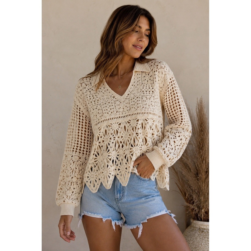 Solitaire Blouse Womens Large Ivory Crochet Open Knit Collared Boho NWT